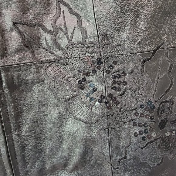 Nygard - Beautiful Black Leather/ Sweater Jacket with Floral Sequin Decoration - Picture 4 of 7